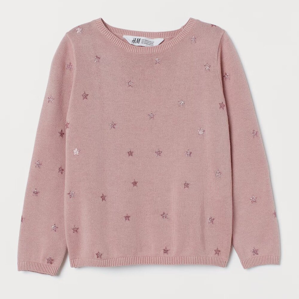 H&M Girls Fine Knit Pink Sparkle Stars Cotton Sweater S